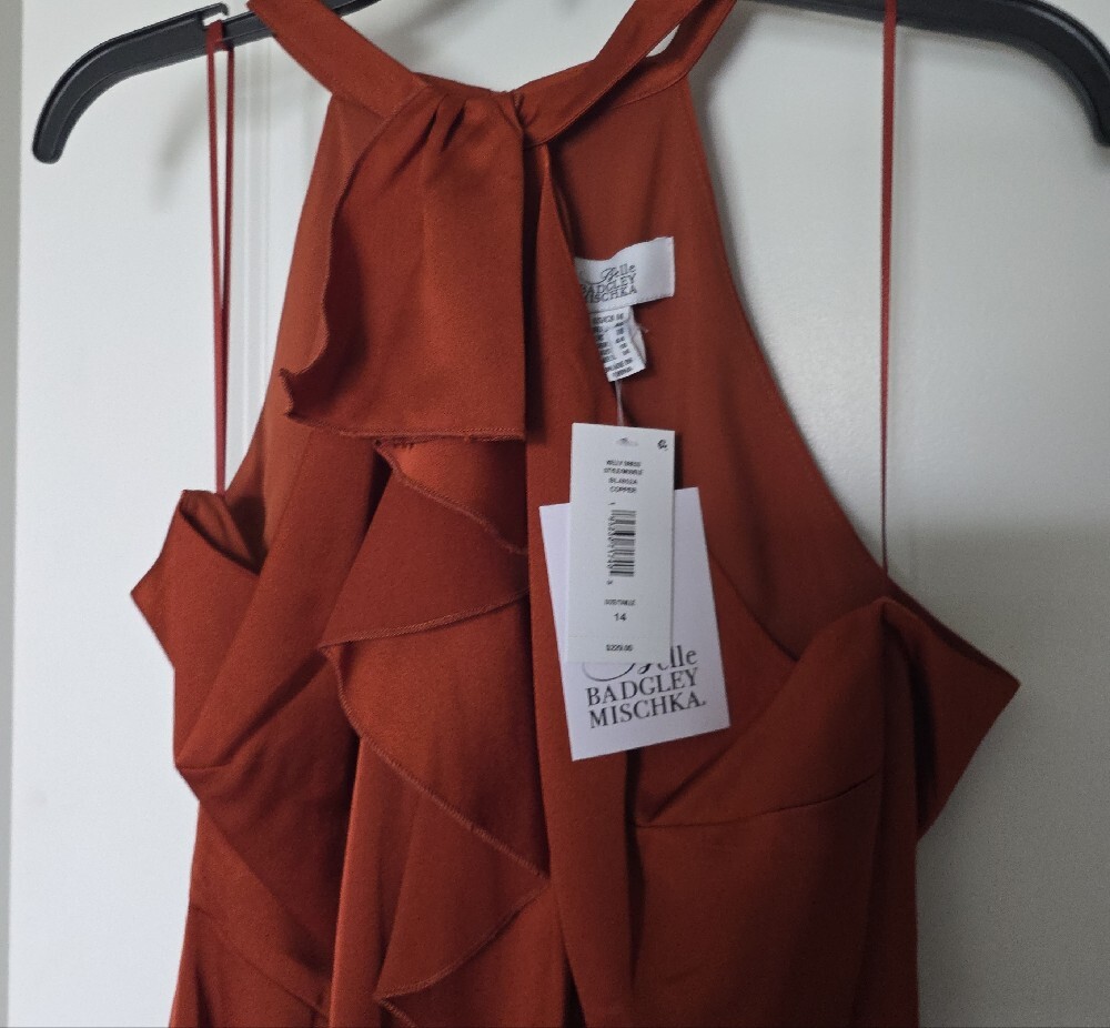 Badgley Mischka Rust Halter Ruffle High-Low Gown - Picture 8 of 16
